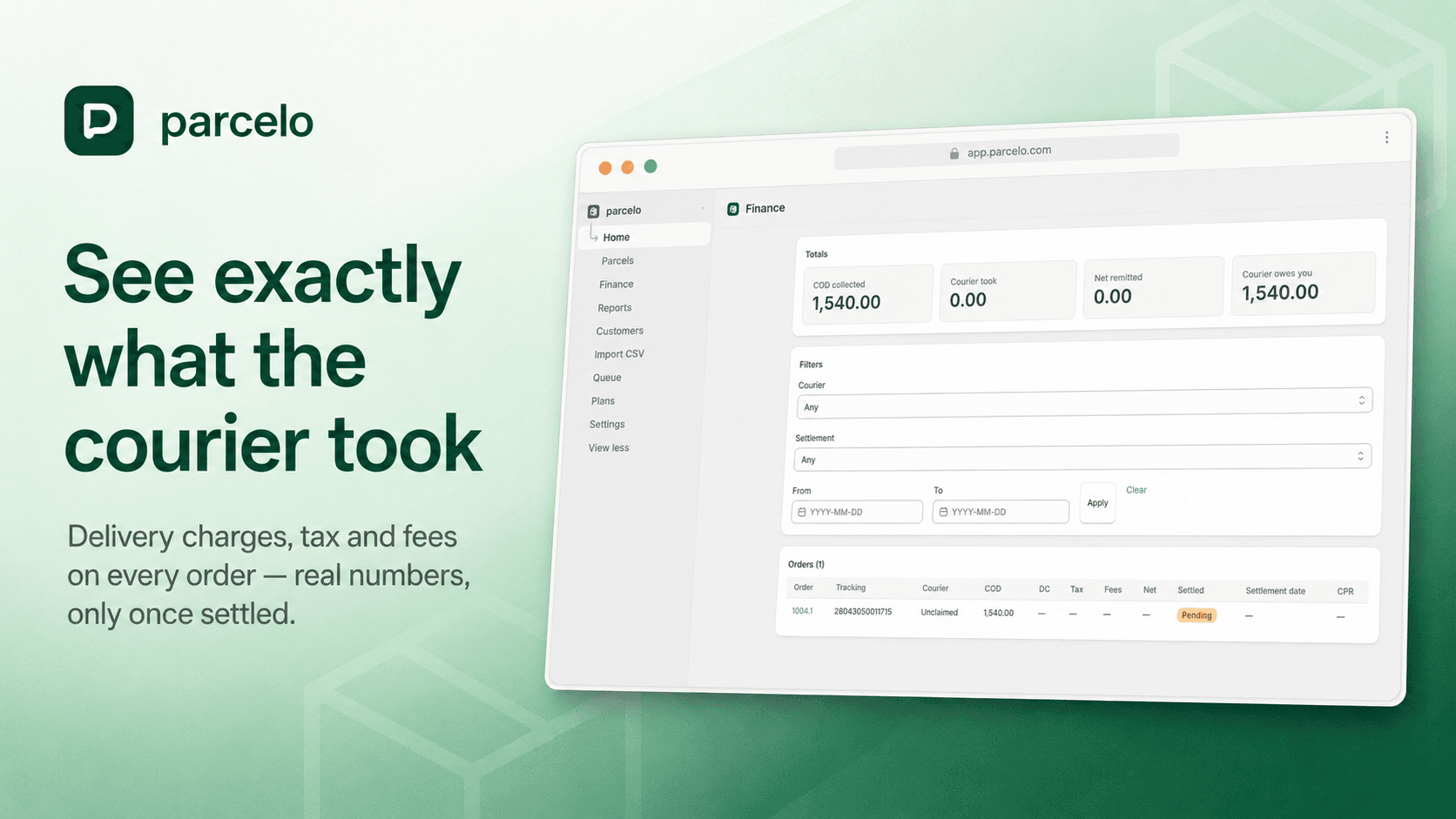 Parcelo finance screen showing COD collected, courier charges and net remitted